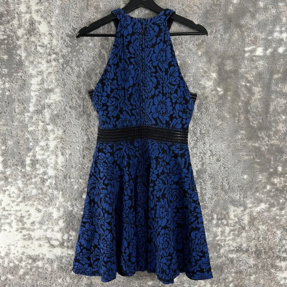 City Triangles Junior Sz 10/11 Floral Lace‎ Sleeveless Flare Mini Dress Blue Zip